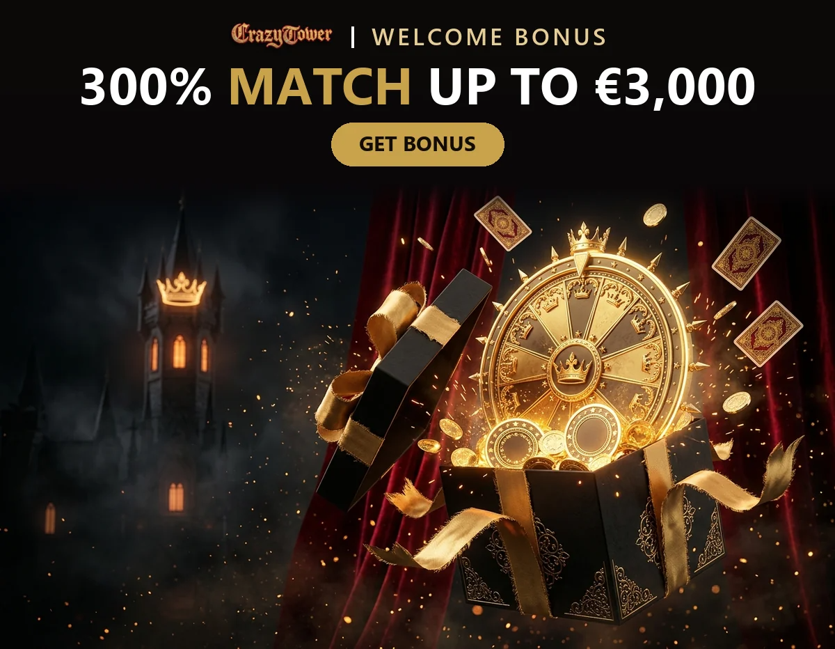Gift box opening with a golden wheel of fortune for the crazy tower casino welcome bonus